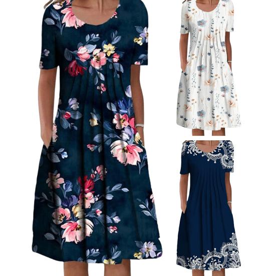 O-Neck Short Sleeve Pleated Midi Dress Pockets Loose Hem Mid-calf Length Women Floral Print A-Line Holiday Dress Daily Clothing