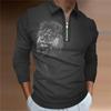 Polo Shirts Men Long Sleeve Fashion Grey Lion Print New Men's Polo Shirt Long Sleeve Zipper T-shirt Top