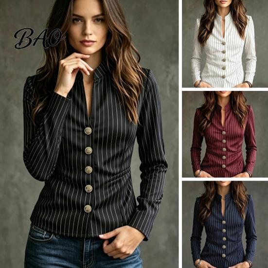 Women Slim Fit Blazer Stand Collar Striped Blazer, Single-Breasted Casual Jacket Blouse Top, Office Business Outerwear Slimming Waist Coat