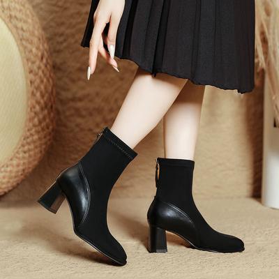 Женские короткие ботильоны на высоком каблуке 2025 новая осень и зима средняя голень женские ботинки вставки квадратный носок толстый каблук тонкие ботинки французские маленькие короткие ботинки