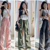 Cargo Pants Women's Summer High Waist Slim Down Pink Wide Leg Casual Vintage Sports Drawstring Pants
