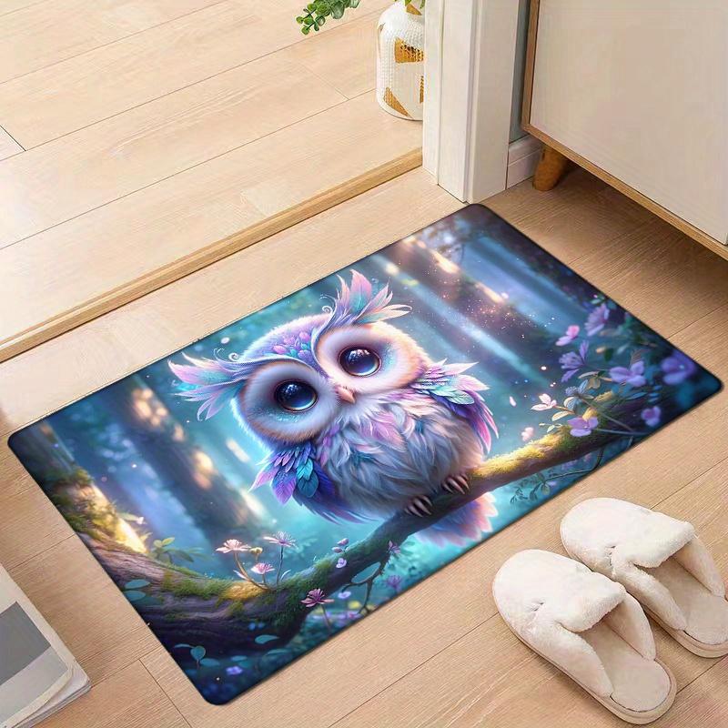 Colorful Owl Flannel Door Mat Carpet, Non-Slip Cute Neon Design for Living Room Kitchen Entrance Office Decor, Floor Mat Gift
