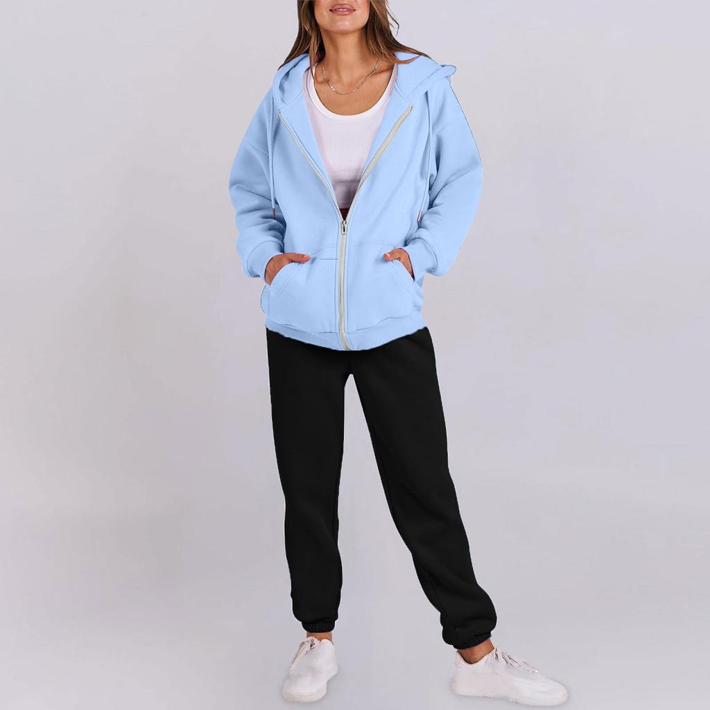 Женская мода с капюшоном, длинным рукавом, однотонная молния, эластичный пояс, свободный комплект свитшотов