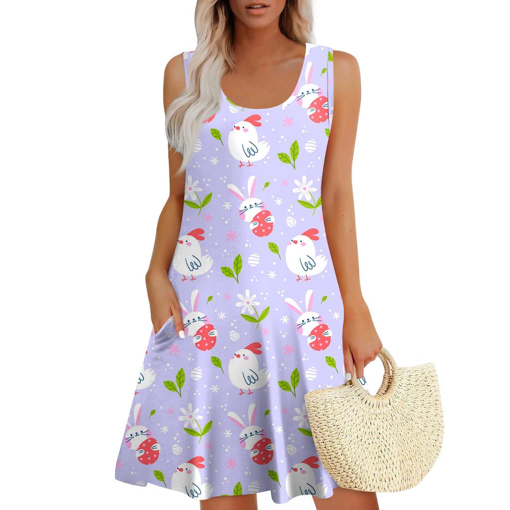 Womens Summer Dresses Easter Print Loose U Neck Sleeveless Sundresses Dress With Pockets