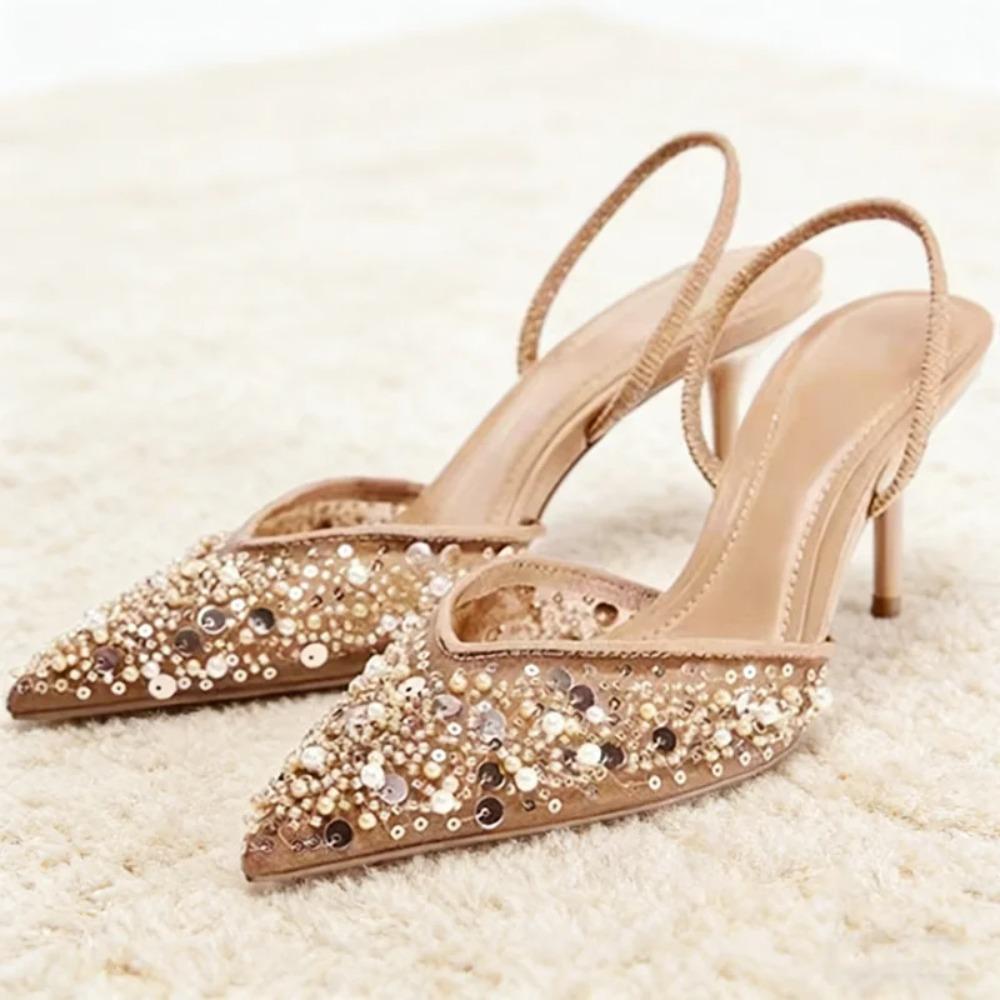 Женские босоножки на высоком каблуке, сетчатые, с бусинами, стразами, сексуальные, с острым носом, дышащие, элегантные туфли-лодочки