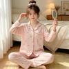 Striped bear pajamas women's spring and autumn wrinkled cloth long-sleeved new high-end loungewear set