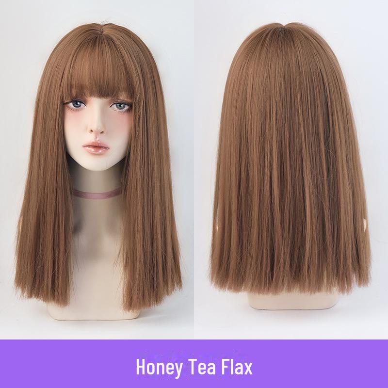 Черные прямые парики средней длины с воздушной челкой для женщин