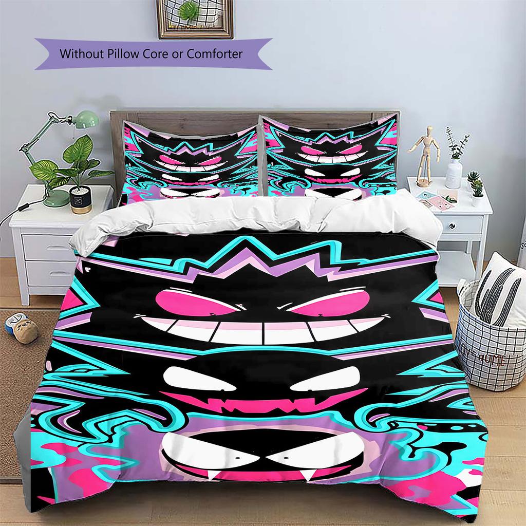 Anime Gengar Printed Bedding Set 3 Piece Soft Microfiber Duvet Cover Set Teens Game Room Decor No Sheet No Filling
