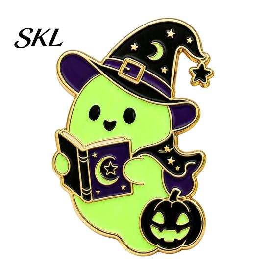 Holiday Clothing Accessory Halloween Witch Hat Ghost Enamel Brooch, Glow-in-the-Dark Cartoon Theme Pin Pin, Badge for Sweaters Jackets Scarves