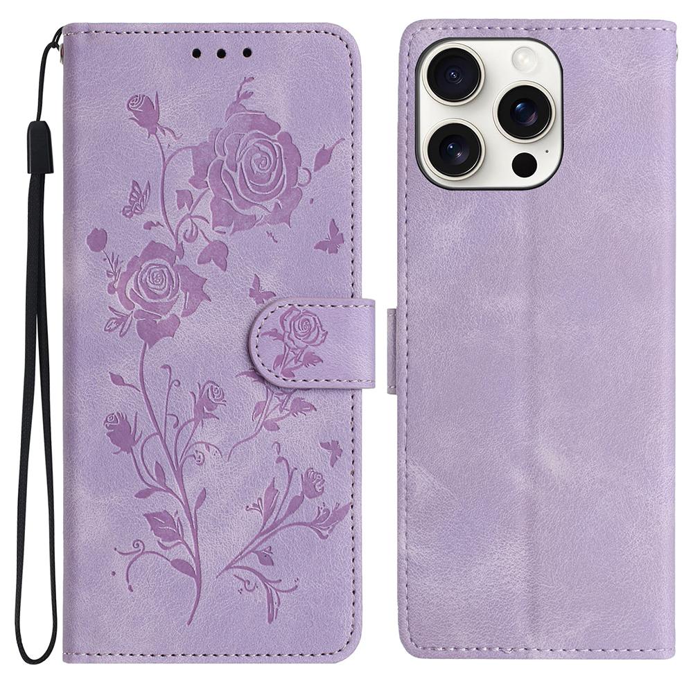 For iPhone 16 Pro Max Wallet Case Rose Pattern Imprinted Leather Flip Stand Phone Cover