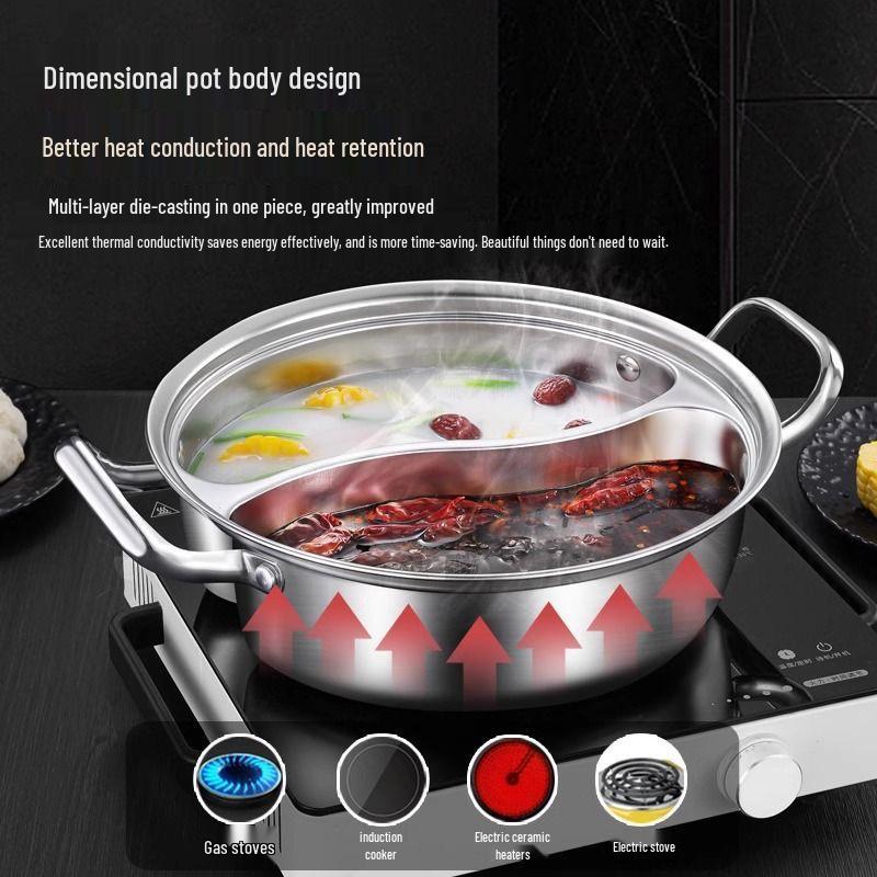 Горячий горшок Юаньян из нержавеющей стали - Extra Thick, Без сварки, Большая вместимость, Двухсекционный для предотвращения смешивания вкусов