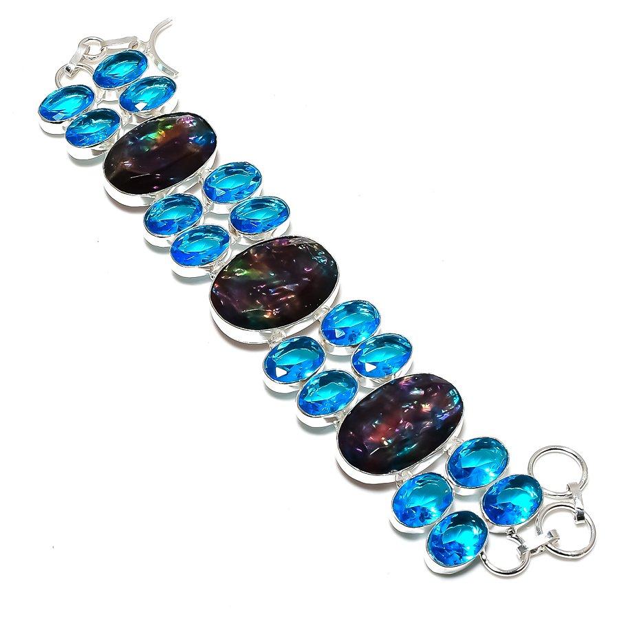 Natural Ammolite, Topaz Gemstone Handmade 925 Sterling Silver Bracelet 7-8" T7i66
