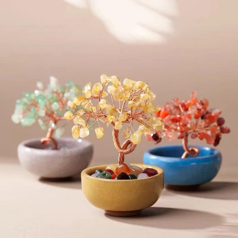 1PC Crystal Colorful Copper Wire Wrapped Natural Home Decor Fashion Tabletop Ornaments Feng Shui Trees Tea Cup Base