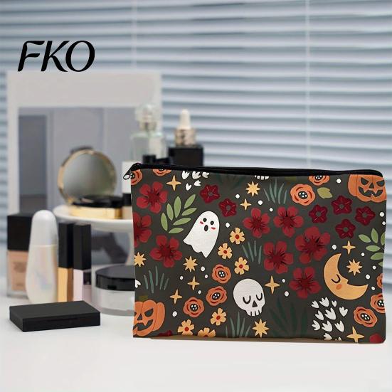 Ghost Design Storage Bag Bag, with Halloween Pattern Printed, Smooth Zipper Thick Fabric Canvas Makeup Large Capacity Travel Cosmetic Pouch