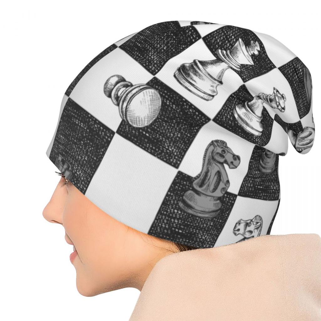 Board Game Chess Figures Checkered Accessories Beanies Black and White Checkboard Skullies Caps Stylish Hat Birthday Present