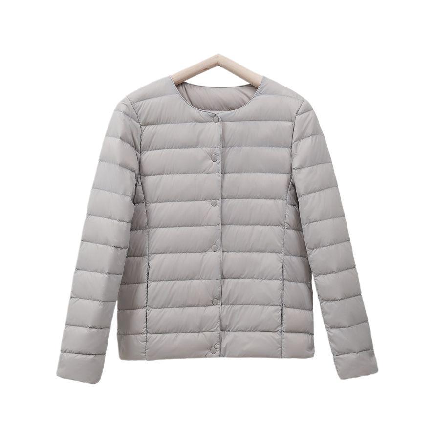 Женская белая утиная пуховая легкая куртка без воротника - Теплая, короткая, большого размера, с круглым вырезом для осени/зимы