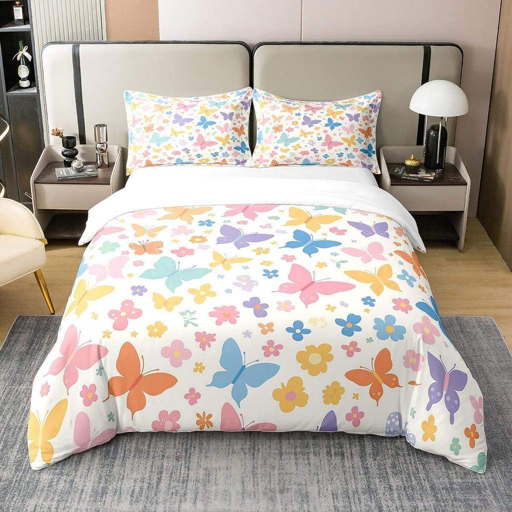 Butterfly Duvet Cover Queen King Size Flower Comforter Cover Set Butterflies Print Girl Butterfly Floral Bedding Set 3 Pcs