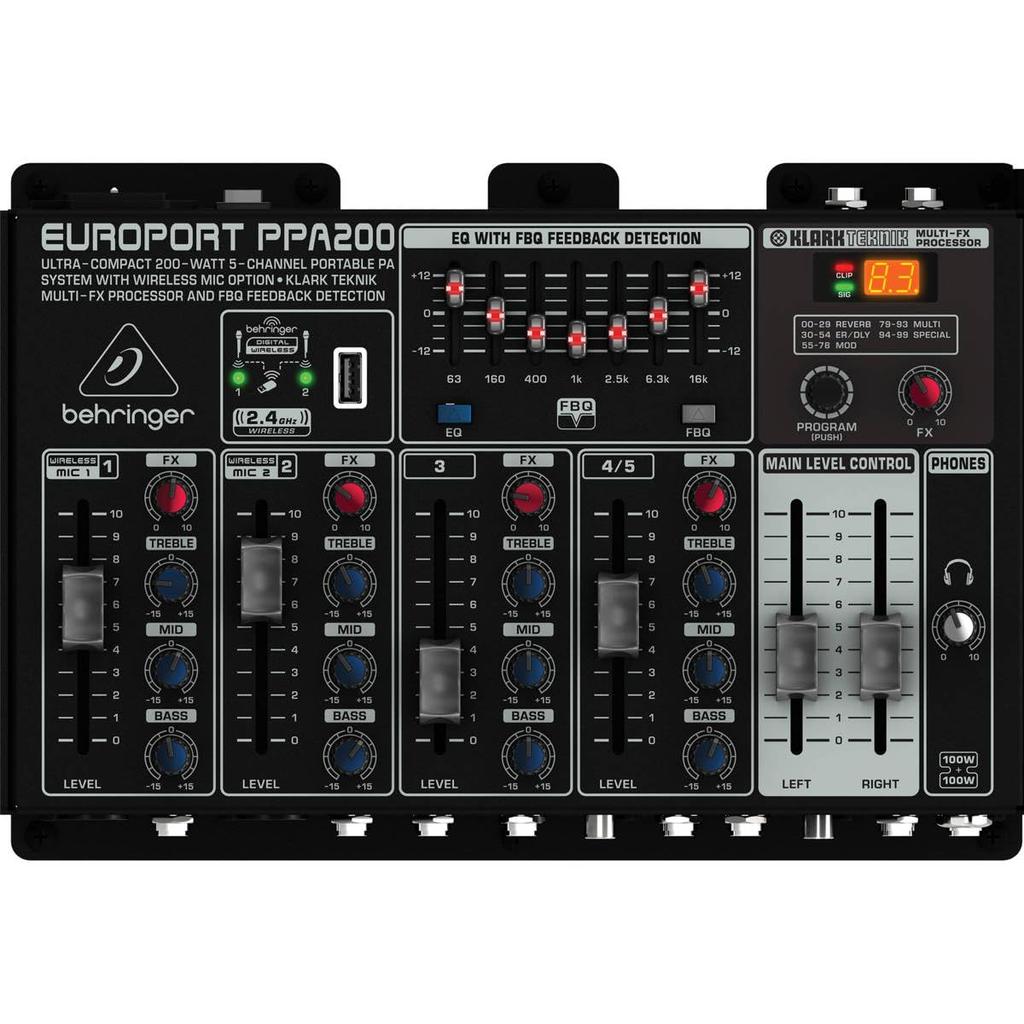 Behringer Portable PA KLARK TEKNIK FBQ Микрофонная система PPA200, Сверхлегкая конструкция, Встроенный FX, Функция, В комплекте,