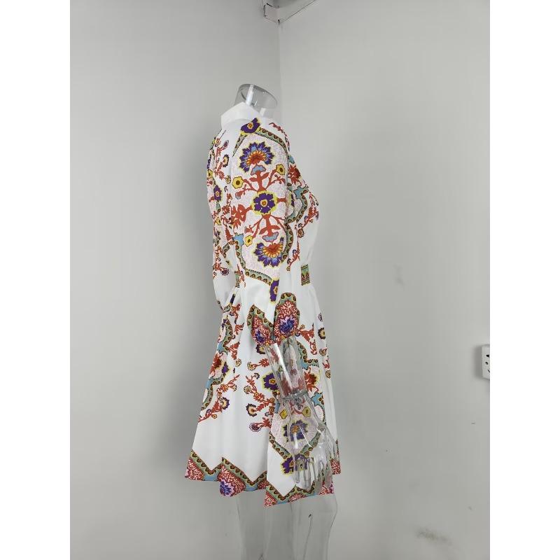 Весенняя женская мода V-образный вырез рукав-фонарик темперамент печать талия тонкие платья