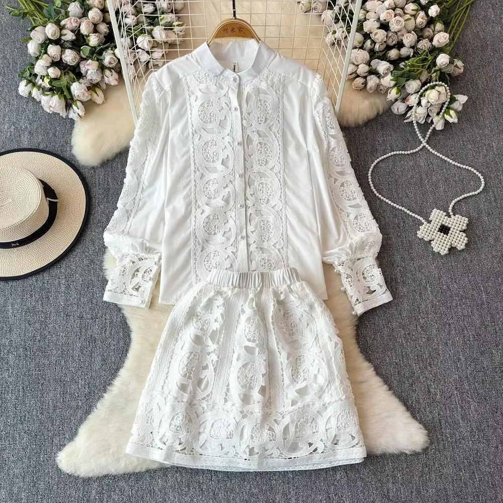 Spring Autumn Women Lace Patchwork Embroidery Designer Runway Outfits Fashion Single Breasted Shirt and Mini Short Skirt Two Piece Set