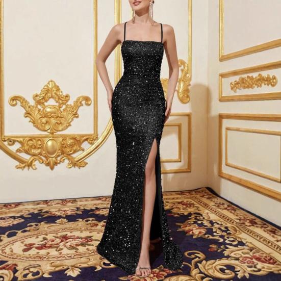 Женское длинное вечернее платье с блестками, квадратным вырезом, открытой спиной и разрезом