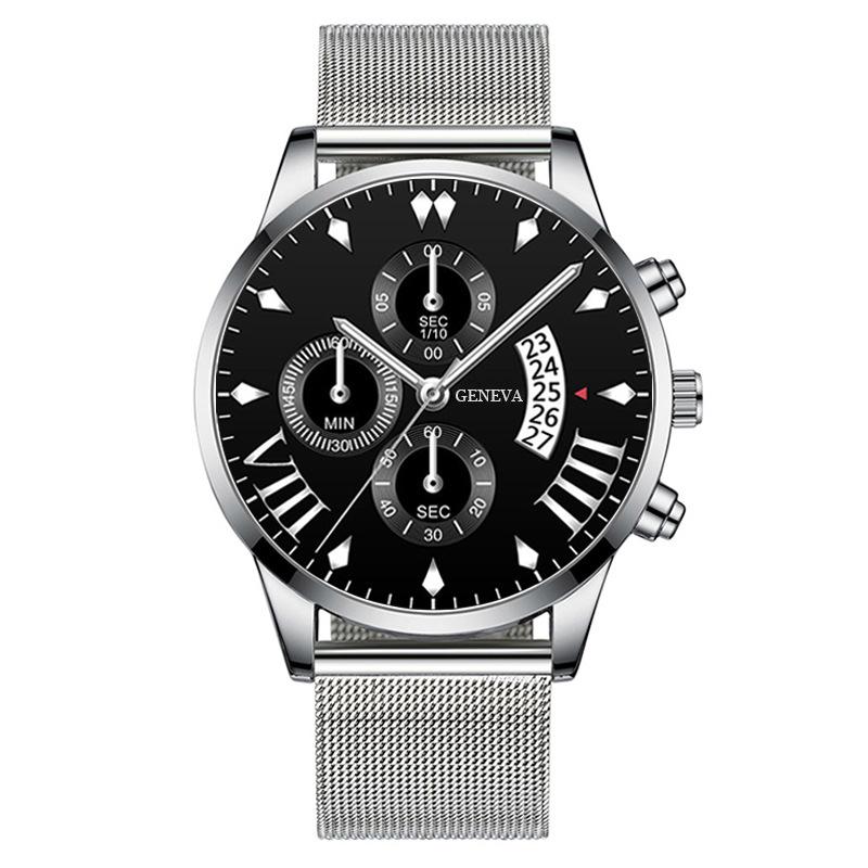 Модные мужские часы-календарь с тремя стрелками, мужские часы, сетчатый ремешок из нержавеющей стали, миланский ремешок