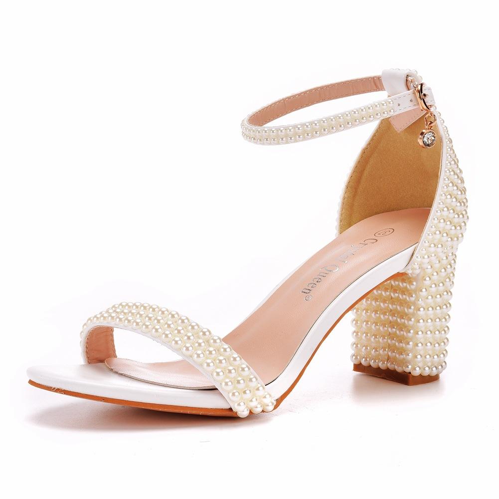 7cm Thick Heel Shallow Mouth One-strip Sandals Round Toe Square Root Thick Heel Sandals White Pearl Sandals Bridal Wedding Shoes