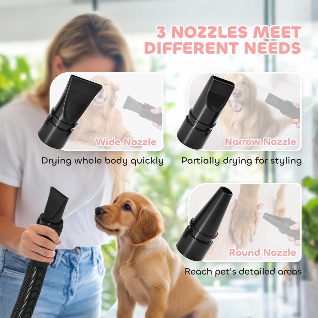 2200W Dog Hair Dryer With Adjustable Temperature And Velocity 3 Different Nozzles Pink