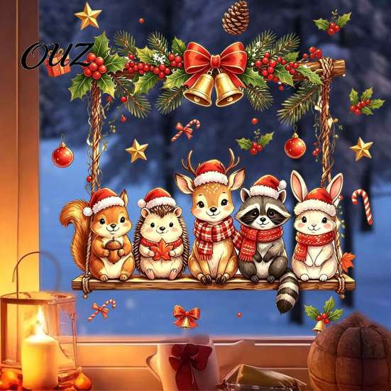 Holiday Glass Decals Christmas Animals Window Decal, Static Cling Removable Sticker, Waterproof PVC Cute Home Party Decor Deer Bunny on Swing