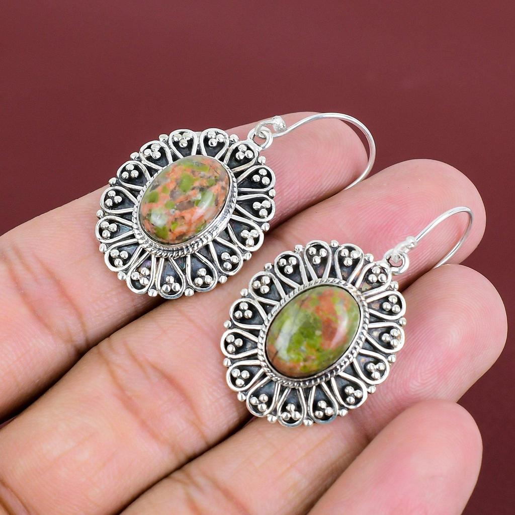 Серьги из унакита, серьги из драгоценных камней, винтажные украшения, серьги из стерлингового серебра 925 пробы, очень красивые украшения из унакита, серьги ручной работы, подарки на годовщину