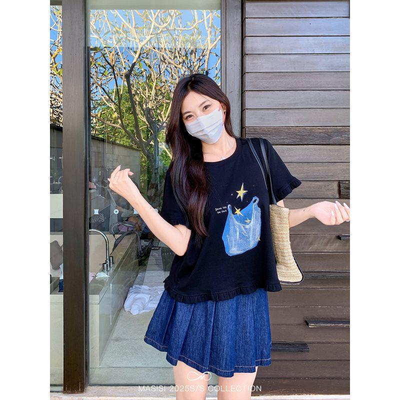 Maxi Plus Size Women's Wooden Ear Print Short-Sleeved T-shirt Summer Plus Size Ladies Thin Slim Fit Slimming Shoulder Tops