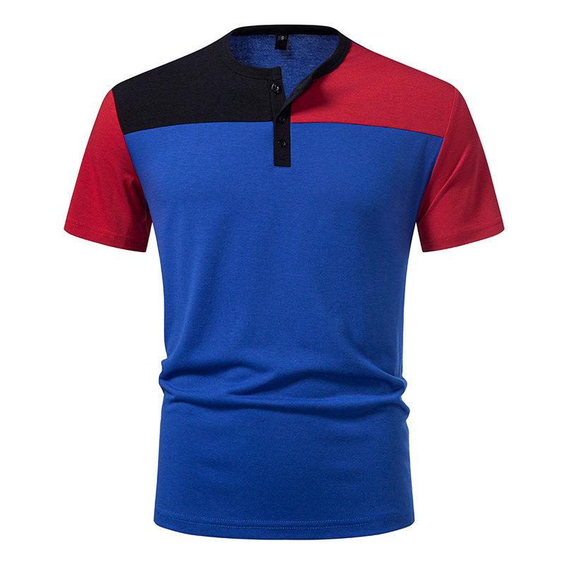 Men's Summer Hip Hop Streetwear Contrast Color T-Shirts Fashion Patchwork Henry Collar Casual Button Basic Short Sleeve Top Tees