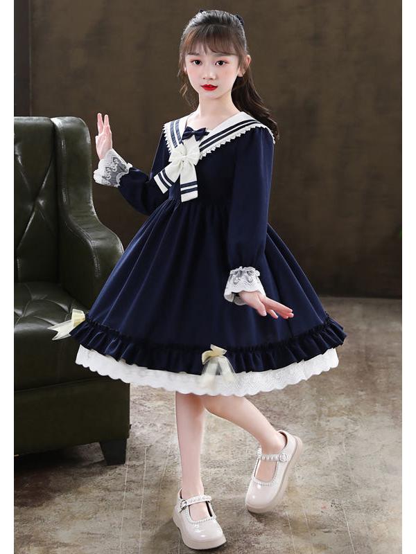 Новое осеннее платье для девочек с длинными рукавами в стиле ретро в стиле Лолита с бантом