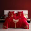 Luxury Dragon & Phoenix Embroidered Wedding Bedding Set - 4-Piece Festive Red Quilt for Newlyweds