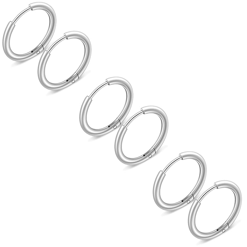 Fuushspoy Set of 6 18g Hoop Earrings 16mm Ring Earrings Men's Ladies Cartilage Piercing Surgical Stainless Steel Earrings Leave It On Ring Silver