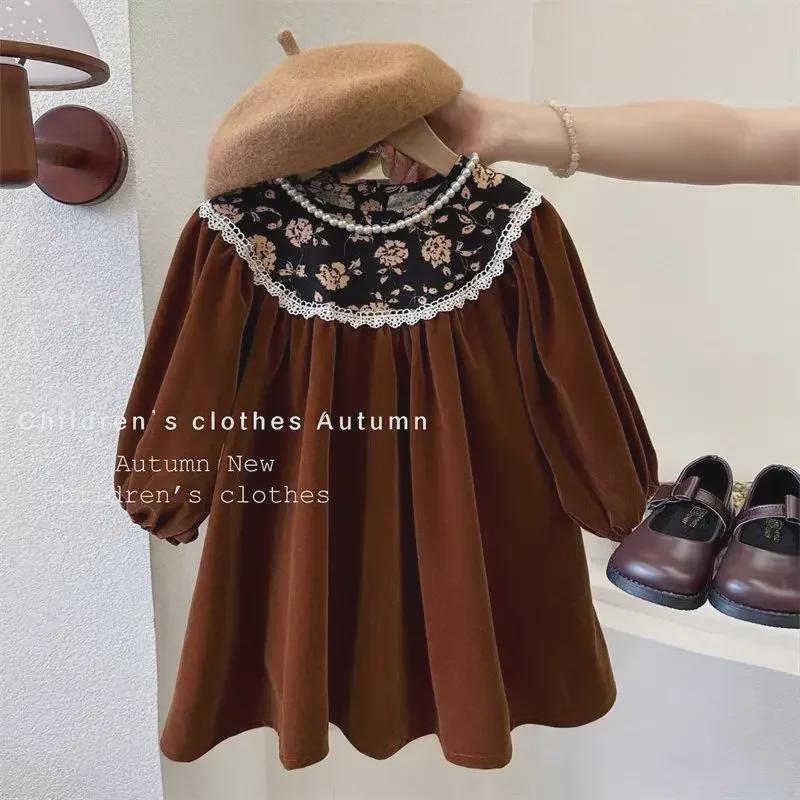 Hepburn-Style Retro Velvet Floral Princess Dress for Girls - Long-Sleeved, Perfect for Spring and Autumn, Korean Design.