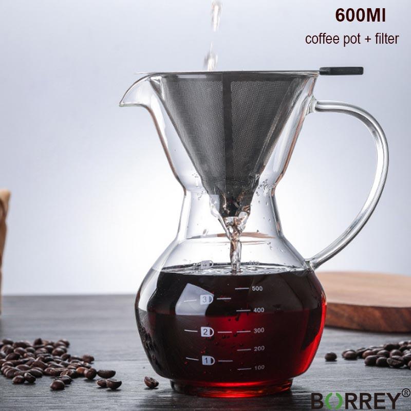 Стеклянный кофейник BORREY, кофеварка, многоразовый фильтр из нержавеющей стали, стеклянный графин без BPA, ручной кофейник, капельница для кофе