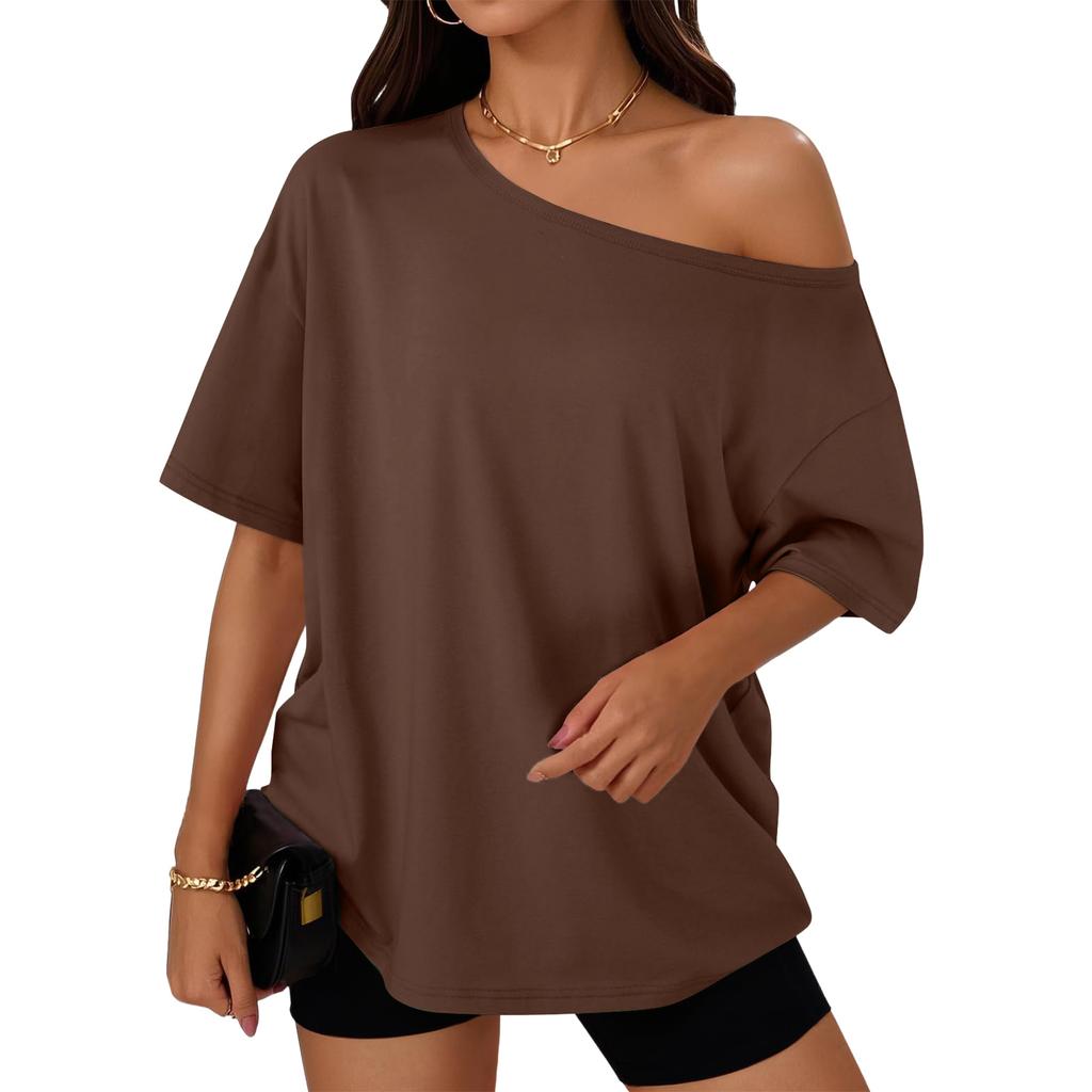 Женская модная футболка с открытыми плечами, однотонная, свободного кроя, с короткими рукавами