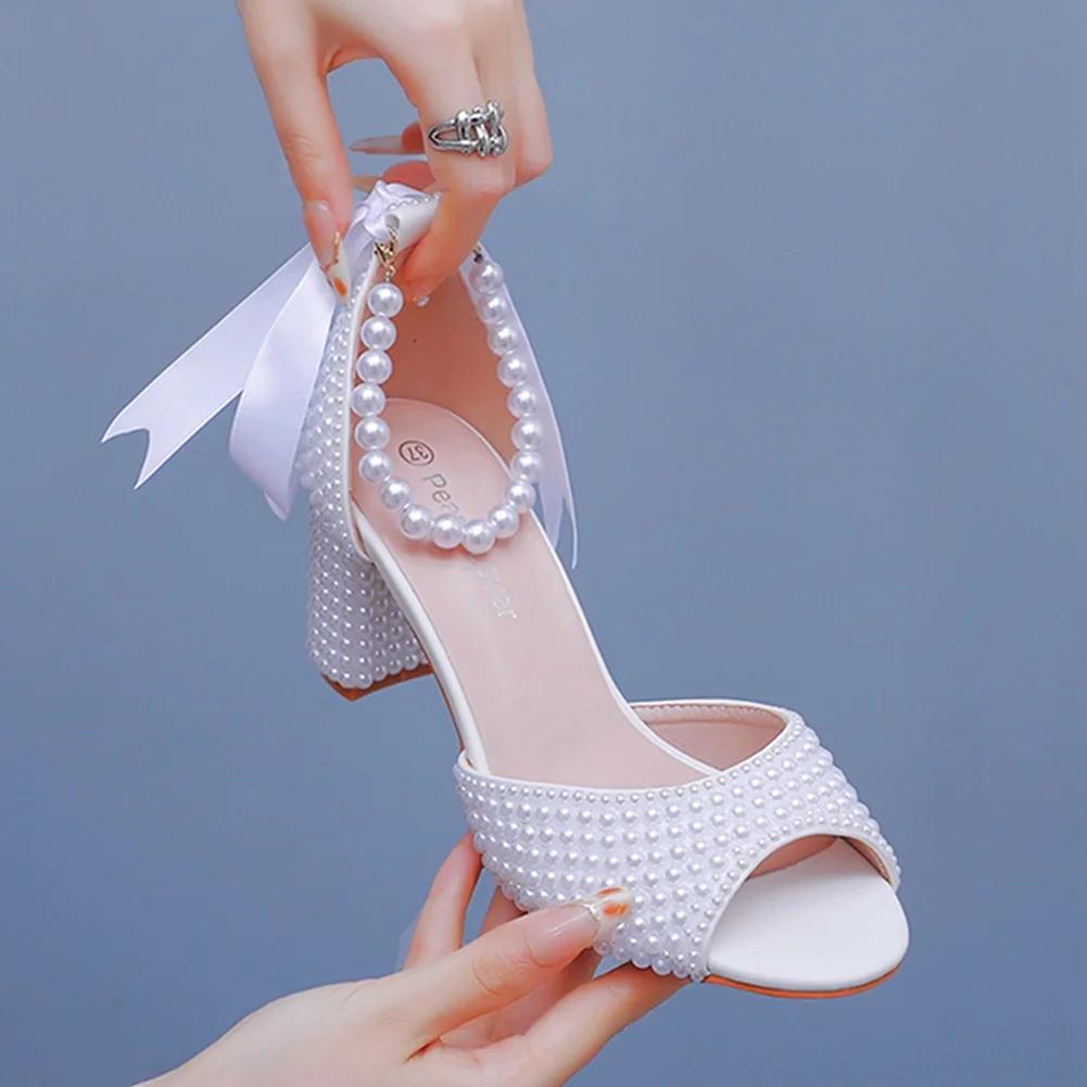 Fashion New 7cm High Heel Women's Shoes Pearl Water Diamond Beaded Drift Sandals Thick Heel Shallow Mouth Fashion Versatile Bridal Shoes