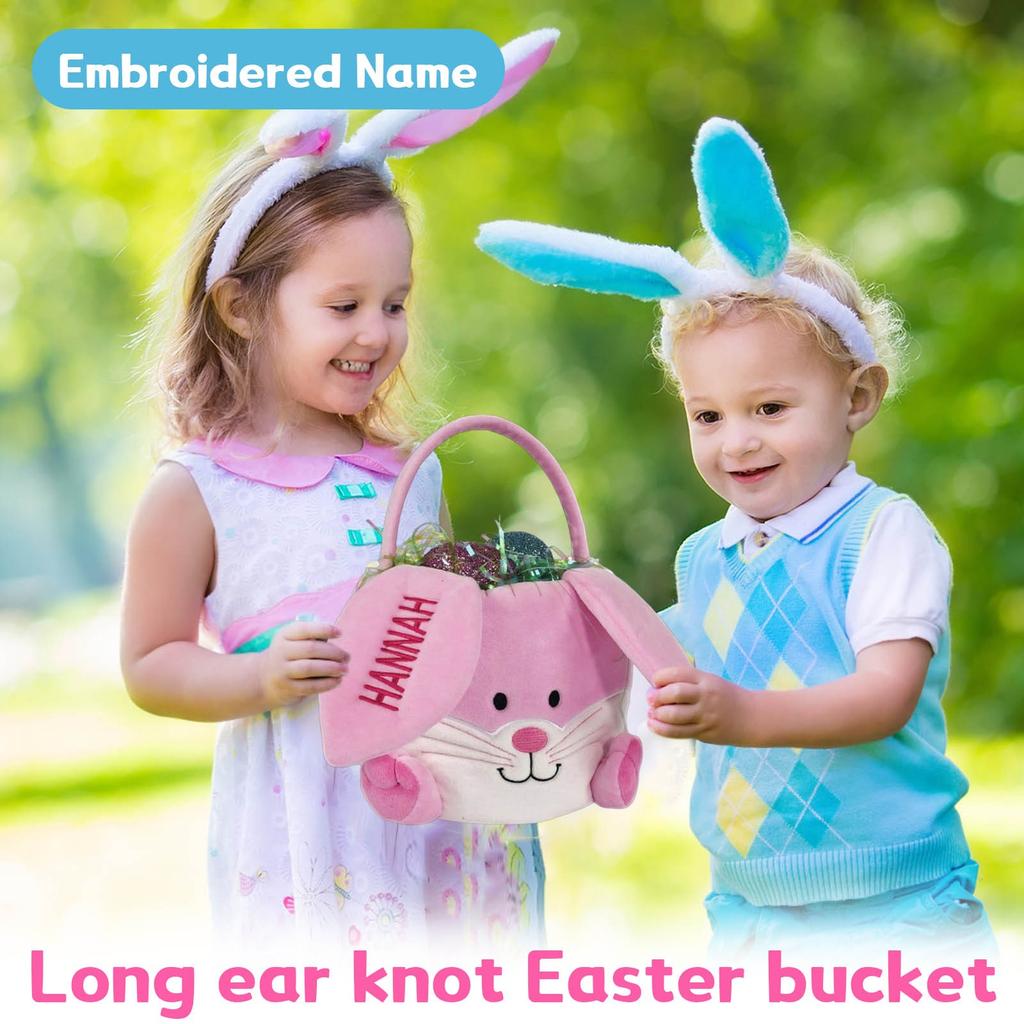 Embroidered Name Bunny Bucket Long Ears Personalized Single Ear Custom Easter Bunny Basket
