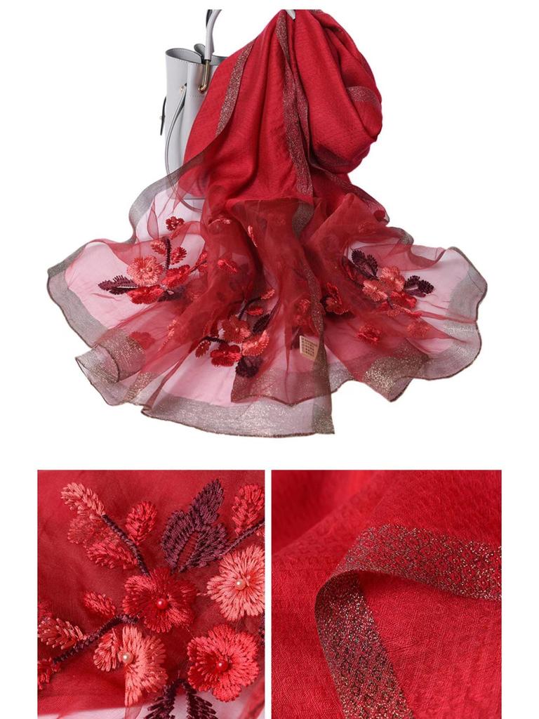 Luxury Wool Blend Silk Scarf: High-End Embroidered Begonia Design Shawl for Women