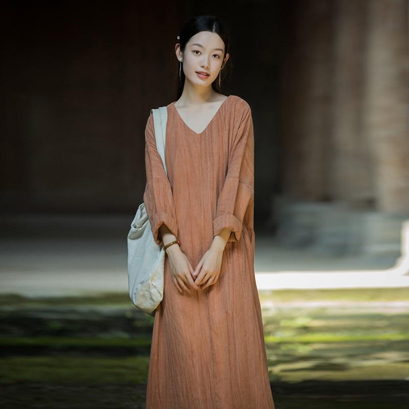 Johnature Женское винтажное платье с V-образным вырезом и длинным рукавом, осеннее свободное женское платье А-силуэта в китайском стиле
