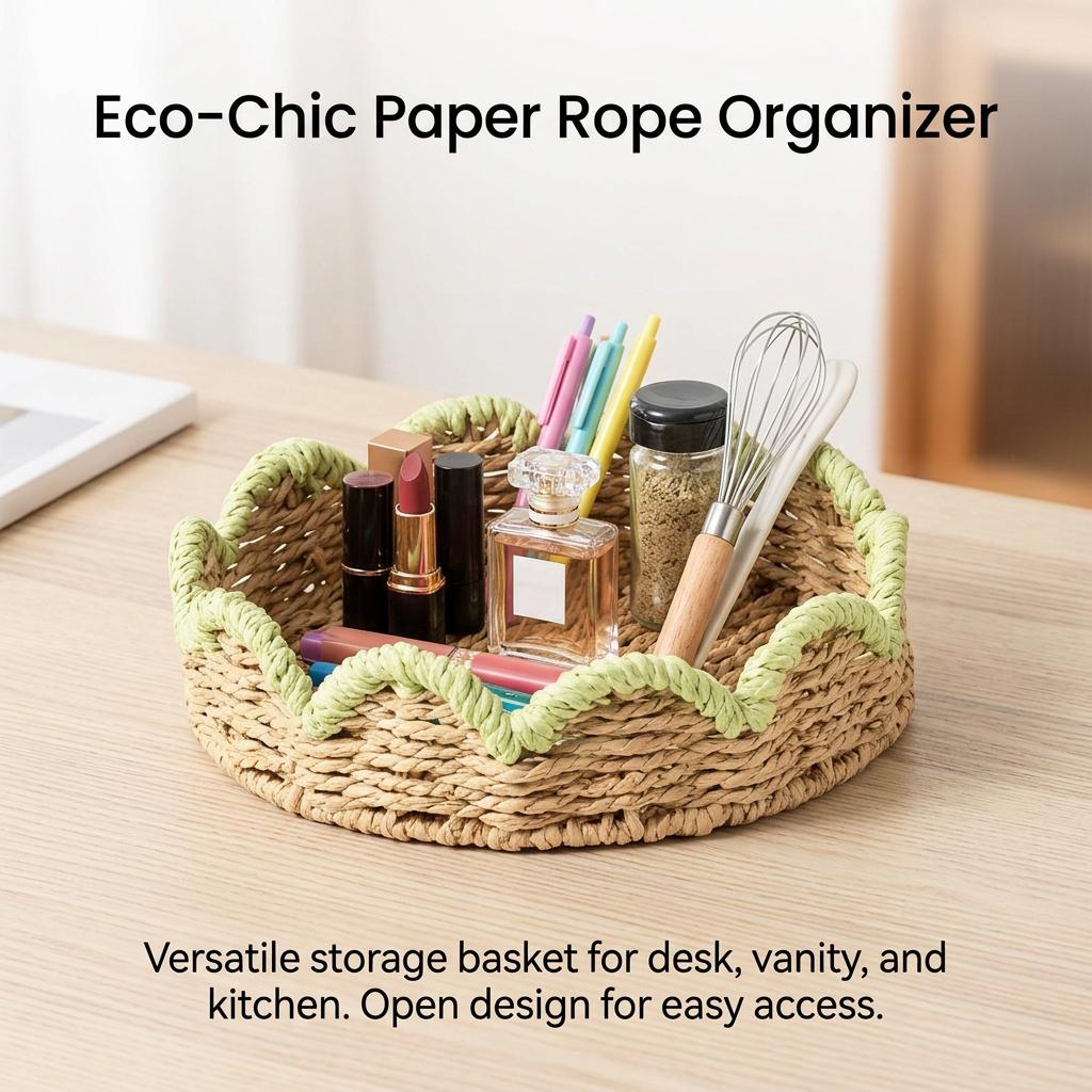 Green Paper Rope Storage Basket With Lace Design For Desk Organization