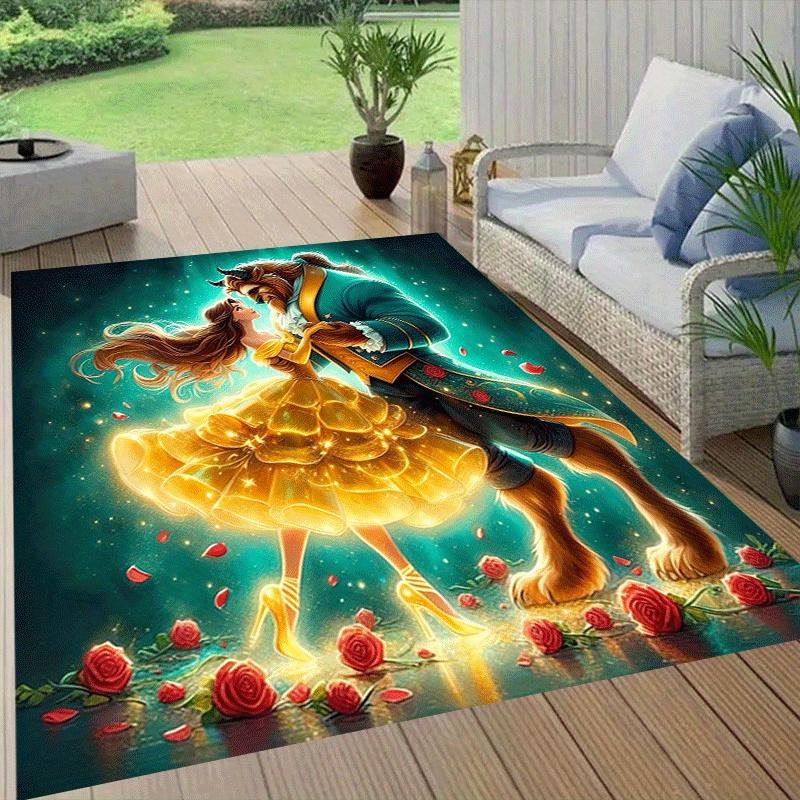 1pc Beauty and The Beast Pattern Area Rug Soft Flannel Floor Mat for Living Room, Office, Bedroom, Outdoor and Camping, Sofa Coffee Table Fl