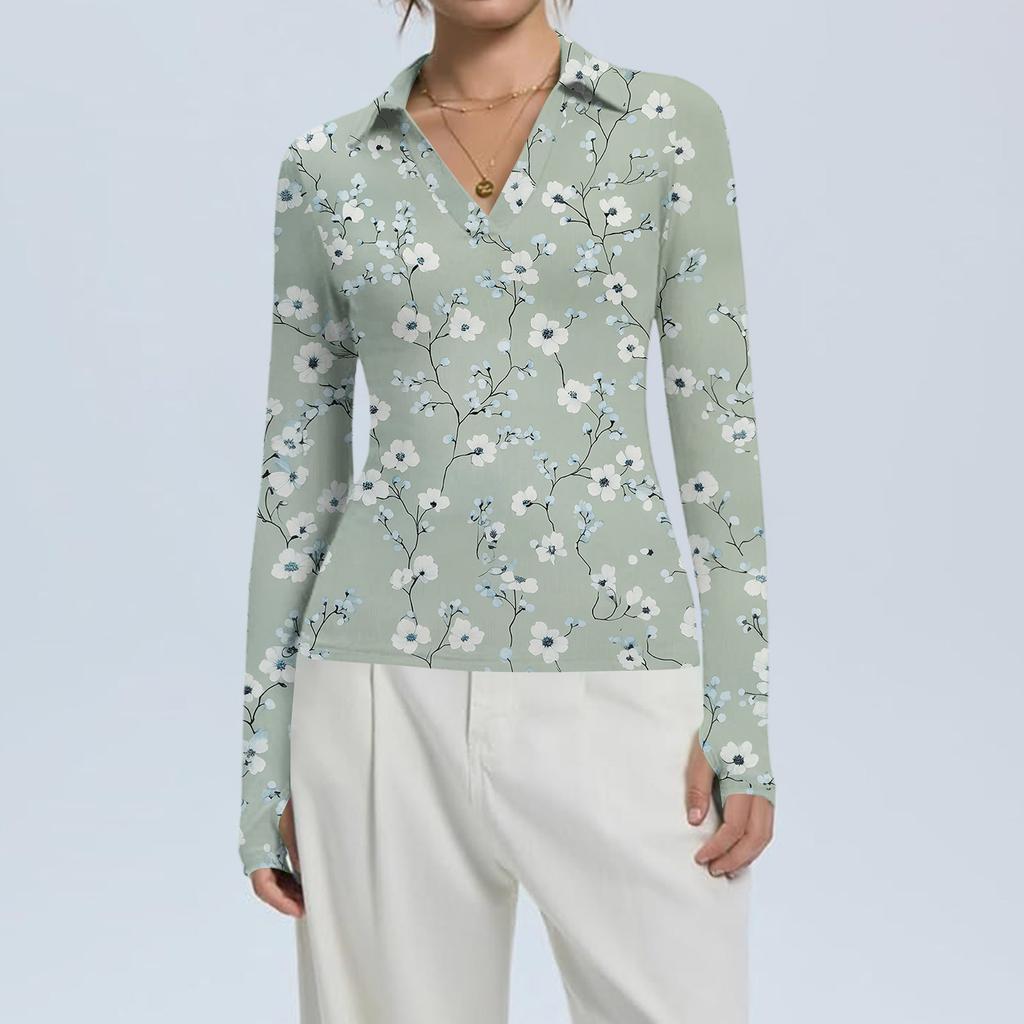 Women's Fashion Casual Print V-Neck Long Sleeve Button-Down Top