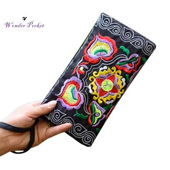 Women Ethnic Handmade Embroidered Wristlet Clutch Bag Zipper Purse Long Wallet