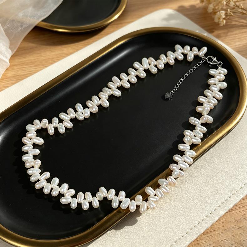 Natural freshwater pearl beaded necklace women's summer S911 whole body sterling silver French retro light luxury collarbone chain high sense