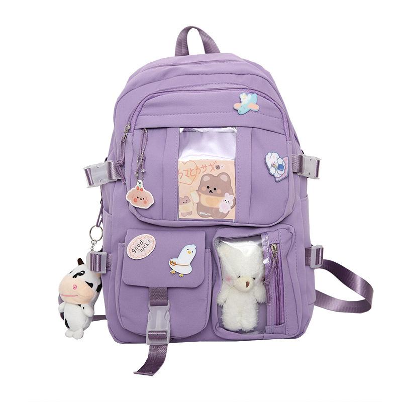 Girls Backpack Cute School Bags for Student Teens Girls Pockets Women Laptop Backpack Harajuku Pendant Backpack Cartoon Cute Badge Bear Bag