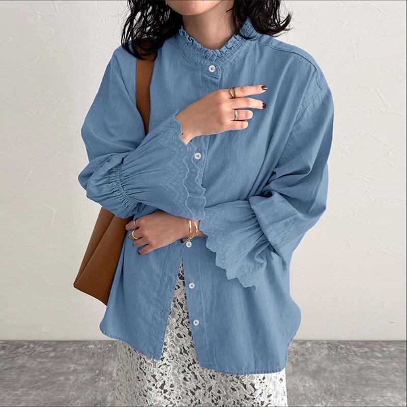 ZANZEA Женская повседневная блузка с круглым вырезом, свободного кроя, с ажурной вставкой, с длинным рукавом