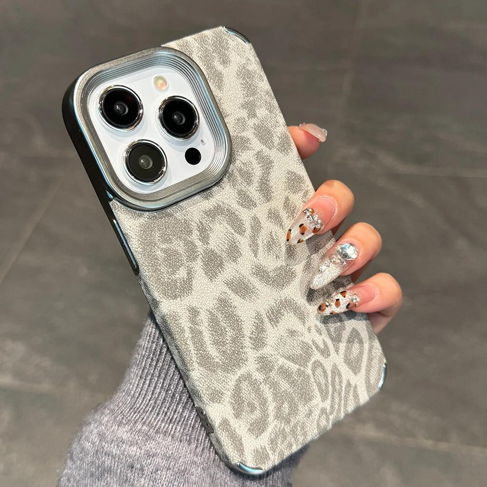 Титаново-серый чехол для телефона из кожи с принтом леопарда для iPhone 16 15 14 13 12 11 Pro Max, полностью ударопрочный, с жестким бампером